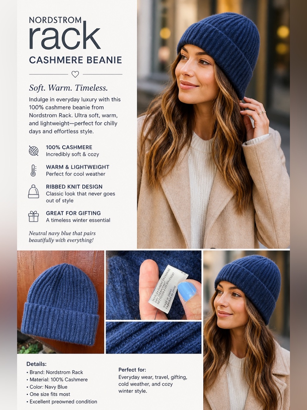 Nordstrom Rack 100% Cashmere Rib Knit Beanie Hat Navy Blue Luxe Winter Cap